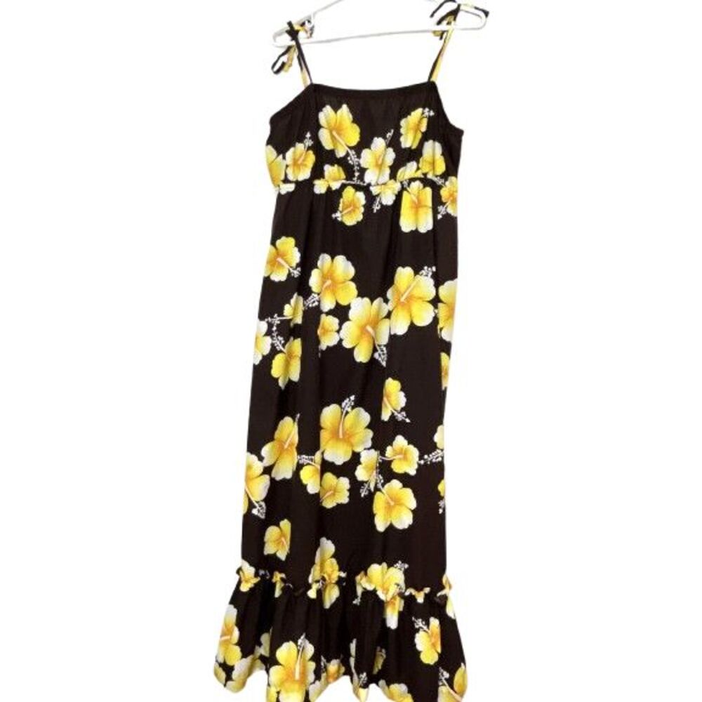 Vtg Hilo Hattie Hawaii Maxi Dress Women's XL Brown Floral Tie Straps Drop Waist